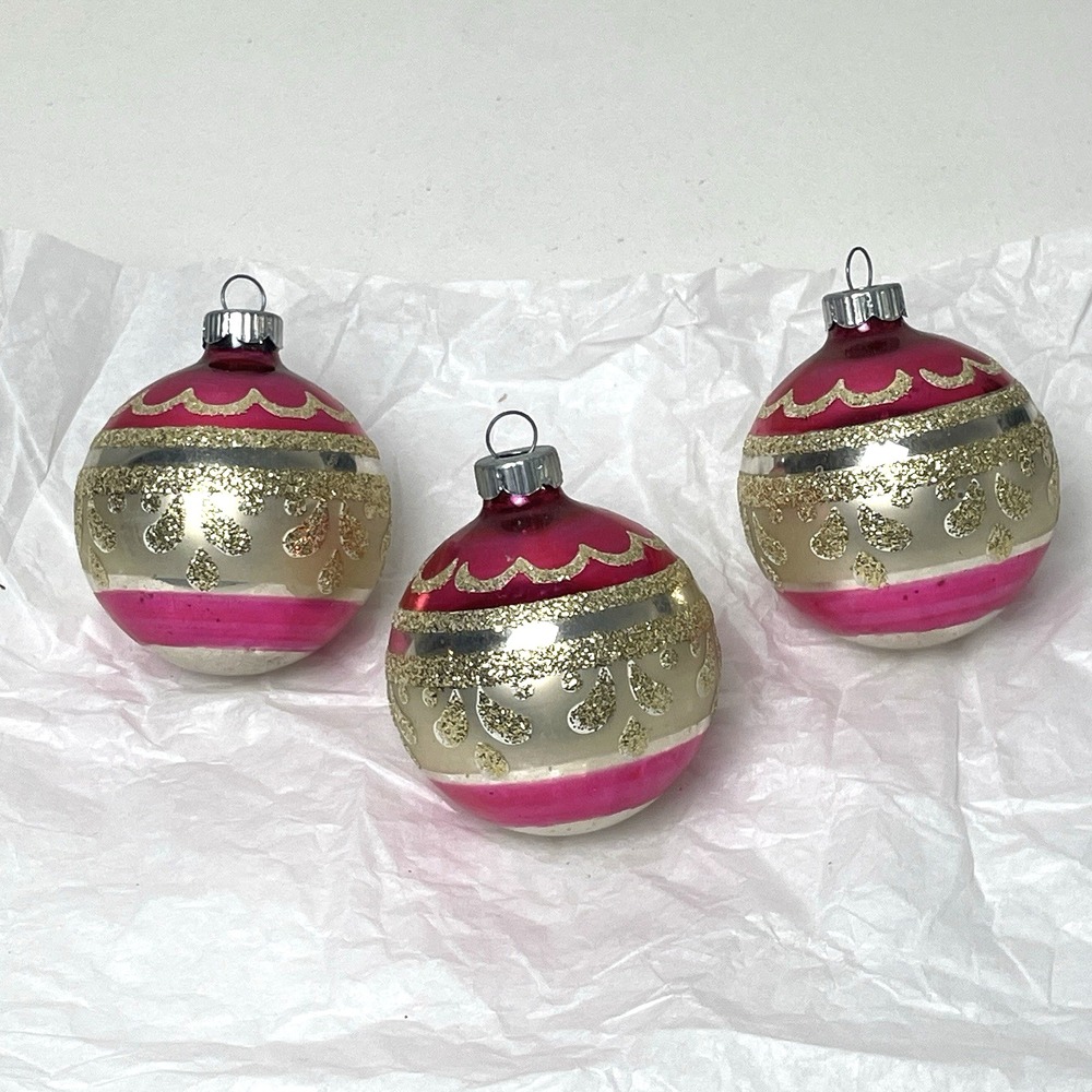 Vintage Shiny Brite Pink Gold Stenciled Glitter Glass Ornaments Lot of 3